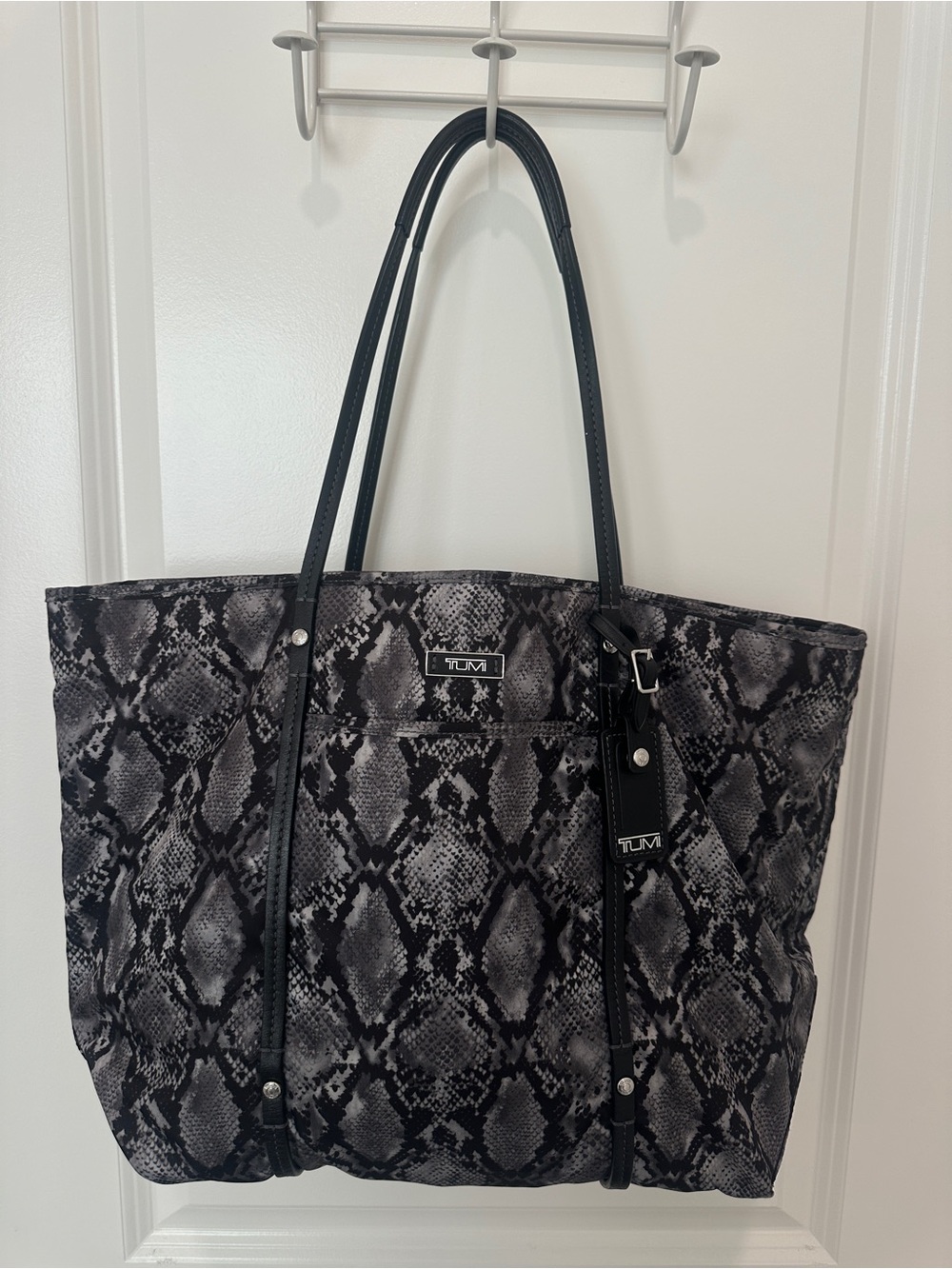 TUMI Tote Bag Python Snake Print Nylon Black Leather Handles Luggage Tag